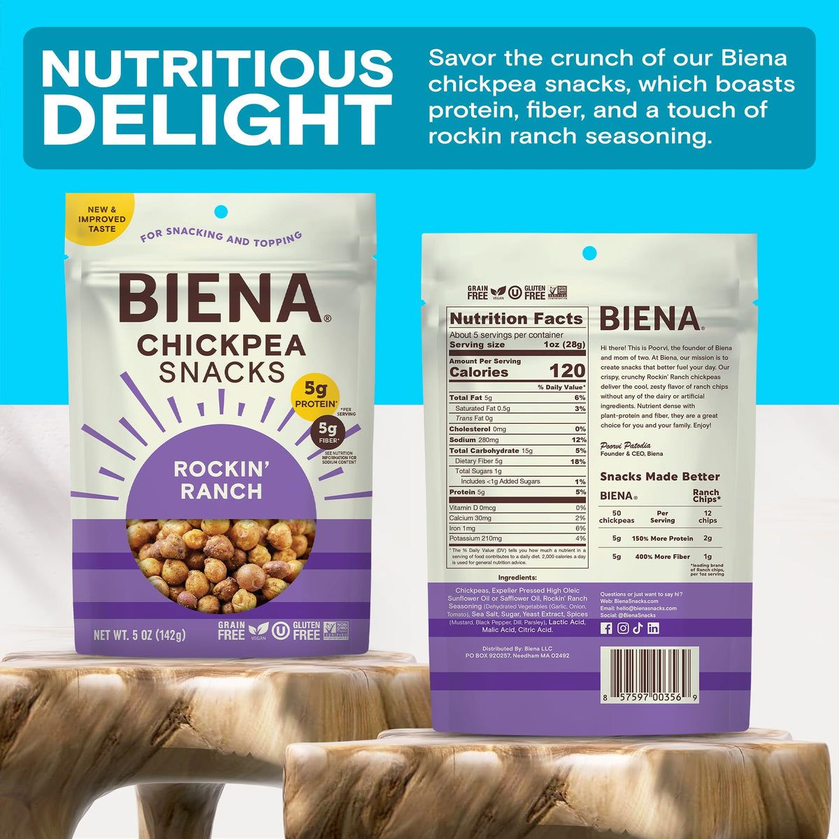 Chickpea Snacks - Crunchy Roasted Chickpeas - High Fiber Vegan Protein Snacks for Adults and Kids - 8-Pack by BIENA – 8 Pack, White, Pack of 8, Model ASINPPOSPRME37126
