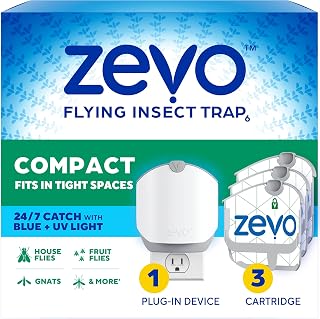 Compact Flying Insect Trap, Bug Catcher, 1 Base & 3 Refill Cartridges | Fly Trap Catches House Flies, Gnats & Fruit Flies 24/7, No Odor & No Mess, Blue & UV Light, Fits Zevo Compact & Plant