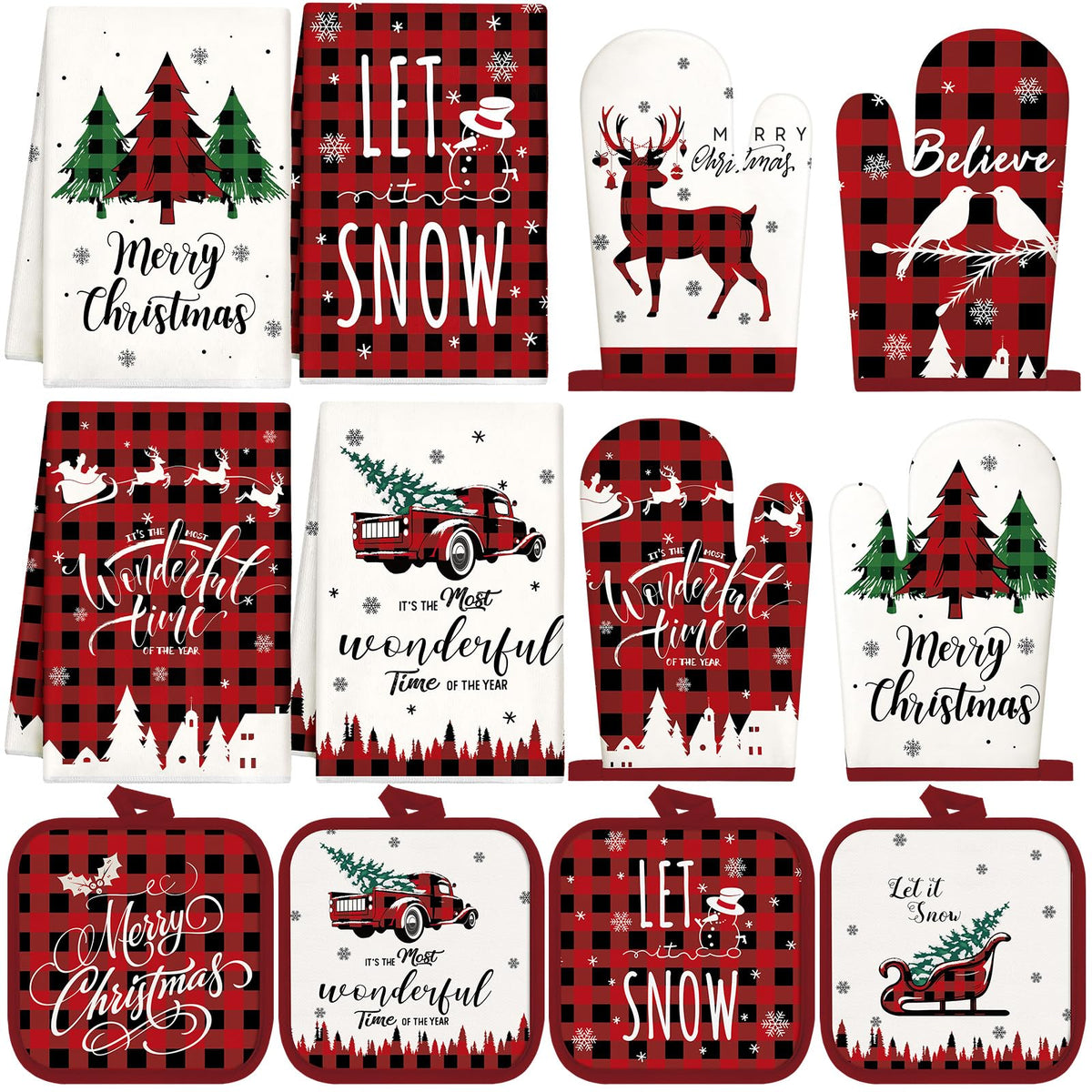 SiliFine Christmas Kitchen Set, 12 Pieces with Towels, Mitts and Pot Holders, Multicolor