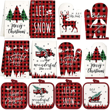 SiliFine Christmas Kitchen Set, 12 Pieces with Towels, Mitts and Pot Holders, Multicolor