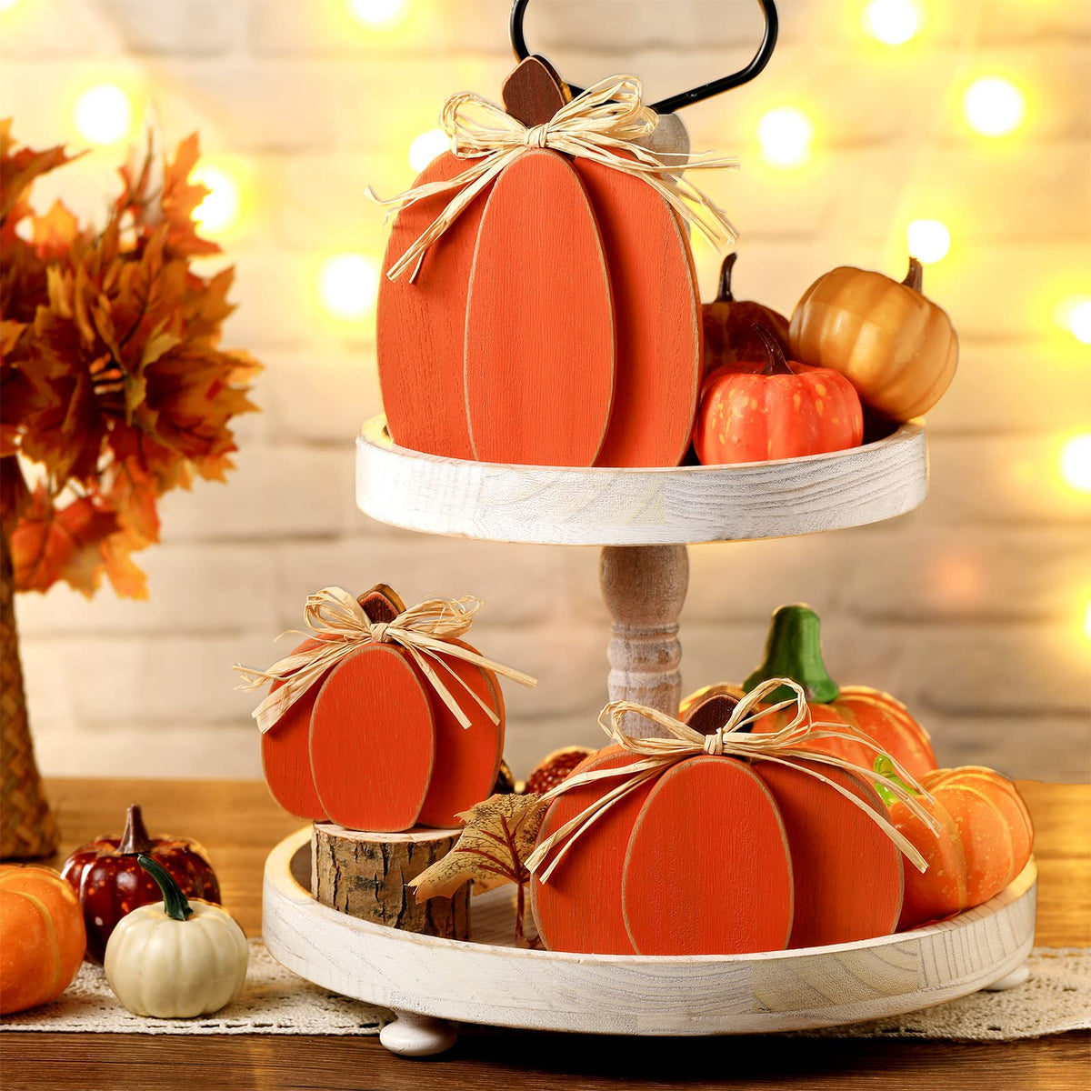 Ferraycle Wooden Pumpkin Decor, Set of 3, Orange