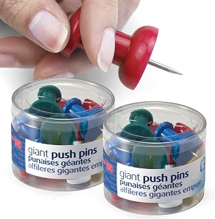 Officemate Giant Push Pins, 1.5" | Assorted Colors | 2 Tubs of 12, Pack of 6