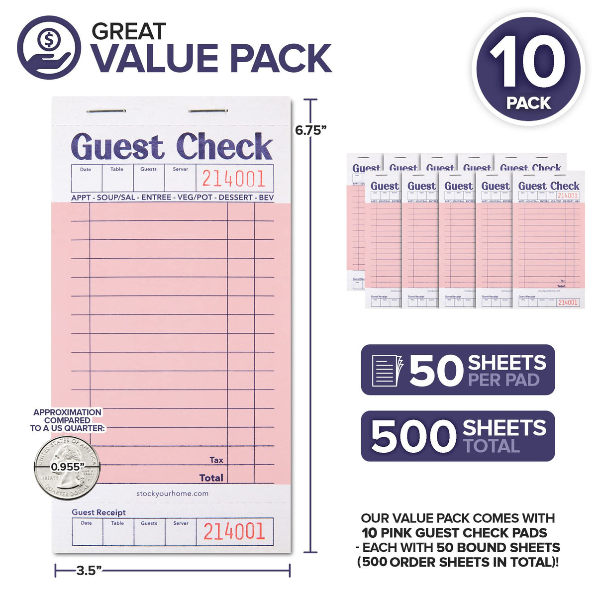Stock Your Home 10 Pack / Pink / 10 Guest Checks