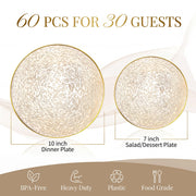 Liacere Plastic Plates, 60 Piece Set, Brown with Gold Rim
