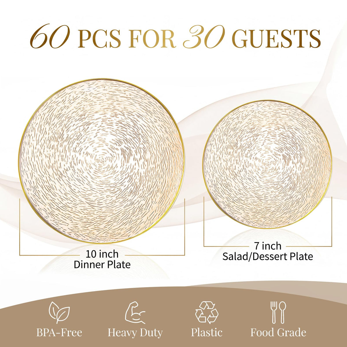 Liacere Plastic Plates, 60 Piece Set, Brown with Gold Rim