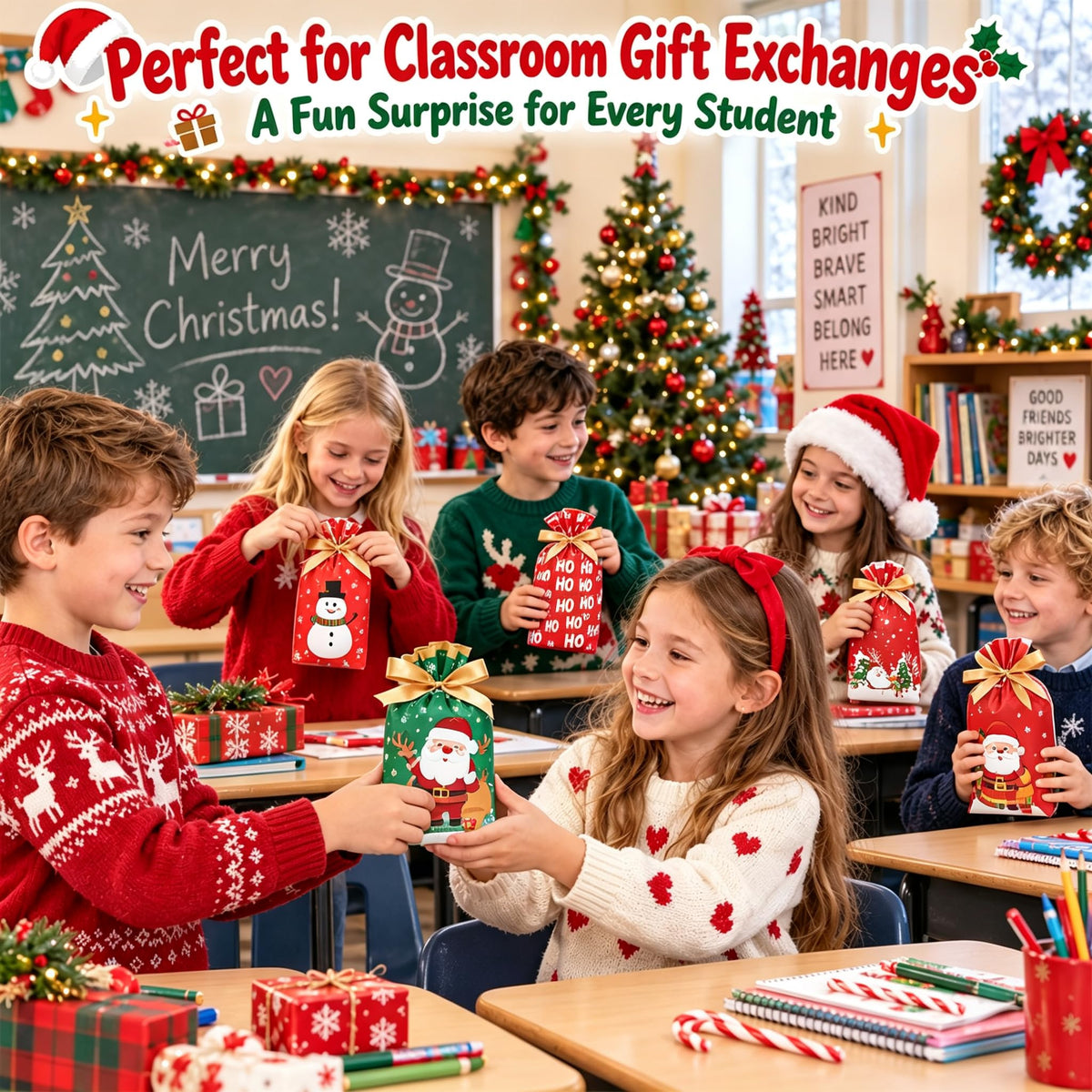 JOINDO Christmas Treat Bags, 6 by 9 Inches with 2 Inch Gusset, Set of 50
