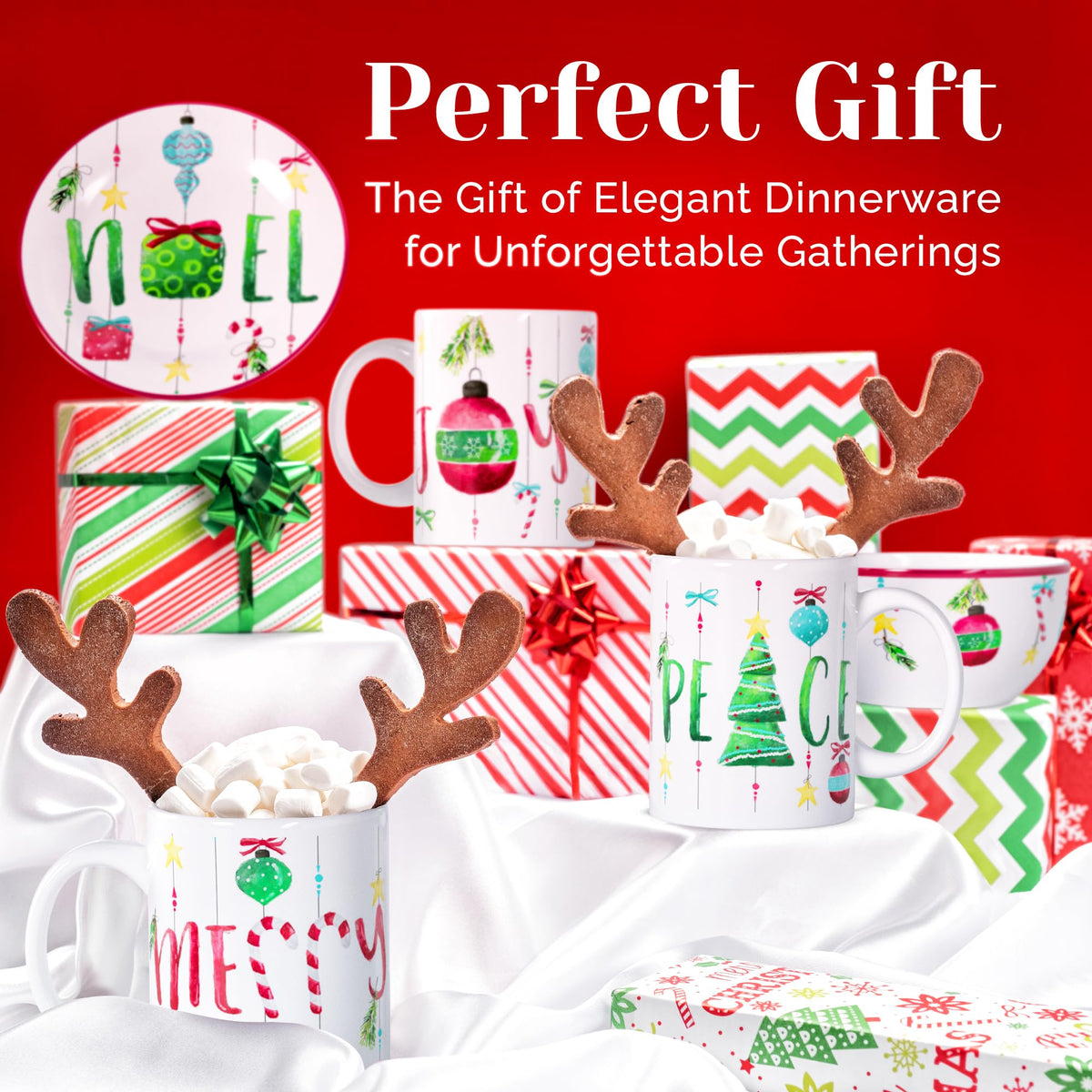 16-Piece Christmas-Themed Stoneware Dinnerware Set - Green/Red by American Atelier – 10.5x10.5", Porcelain, Green/Red, Pack of 16, Model 7216-16-RB