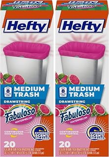 Hefty Medium Trash Bags, 8 Gallon, Pink, Fabuloso Watermelon Scented Garbage Bags with Drawstring Closure, 20 Bags (Pack of 2)