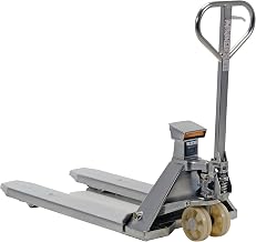 Stainless Steel Low Profile Pallet Truck with Scale 61-43/64 in. x 27 in. x 48-5/8 in. 5000 Lb. Capacity Silver by Vestil – 68"L x 27.5"W x 54"H, Model PM-2748-SCL-LP-SS