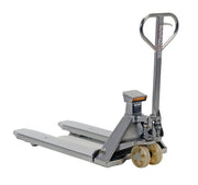 Stainless Steel Low Profile Pallet Truck with Scale 61-43/64 in. x 27 in. x 48-5/8 in. 5000 Lb. Capacity Silver by Vestil – 68"L x 27.5"W x 54"H, Model PM-2748-SCL-LP-SS