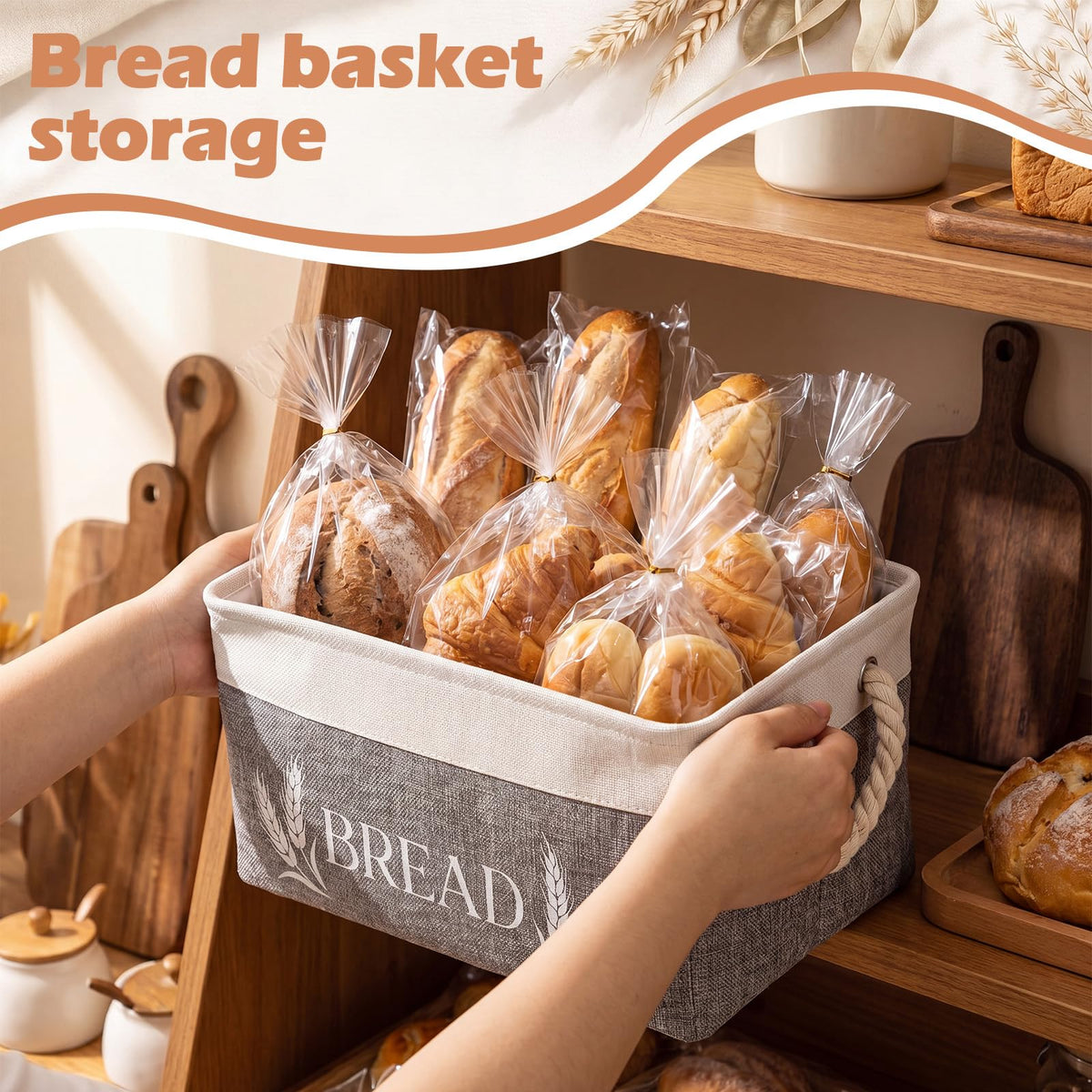 SiliFine Bread Storage Basket, Foldable Burlap Bin with Handles, White Gray