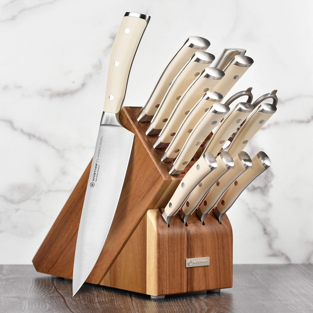 Wusthof Classic 16 Piece Knife Set with Acacia Block by Wüsthof – Forged High Carbon Stainless Steel, Acacia Block, Pack of 16, Model Ikon Creme