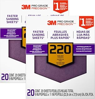 Advanced Sandpaper, 20 Sheets, 220 Grit, 3M Pro Grade Precision, No-Slip Grip Backing, 9-in x 11-in, for Sanding on Wet or Dry Surfaces (26220CP-P-G), 2-Pack