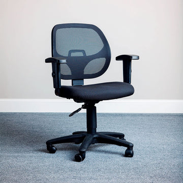 Task Chair with Mesh Back and Fabric Upholstered Seat by Global Industrial – 16.5"H x 17.75"W x 18.5"L, Plastic, Black, Model A2813TM1+22A4