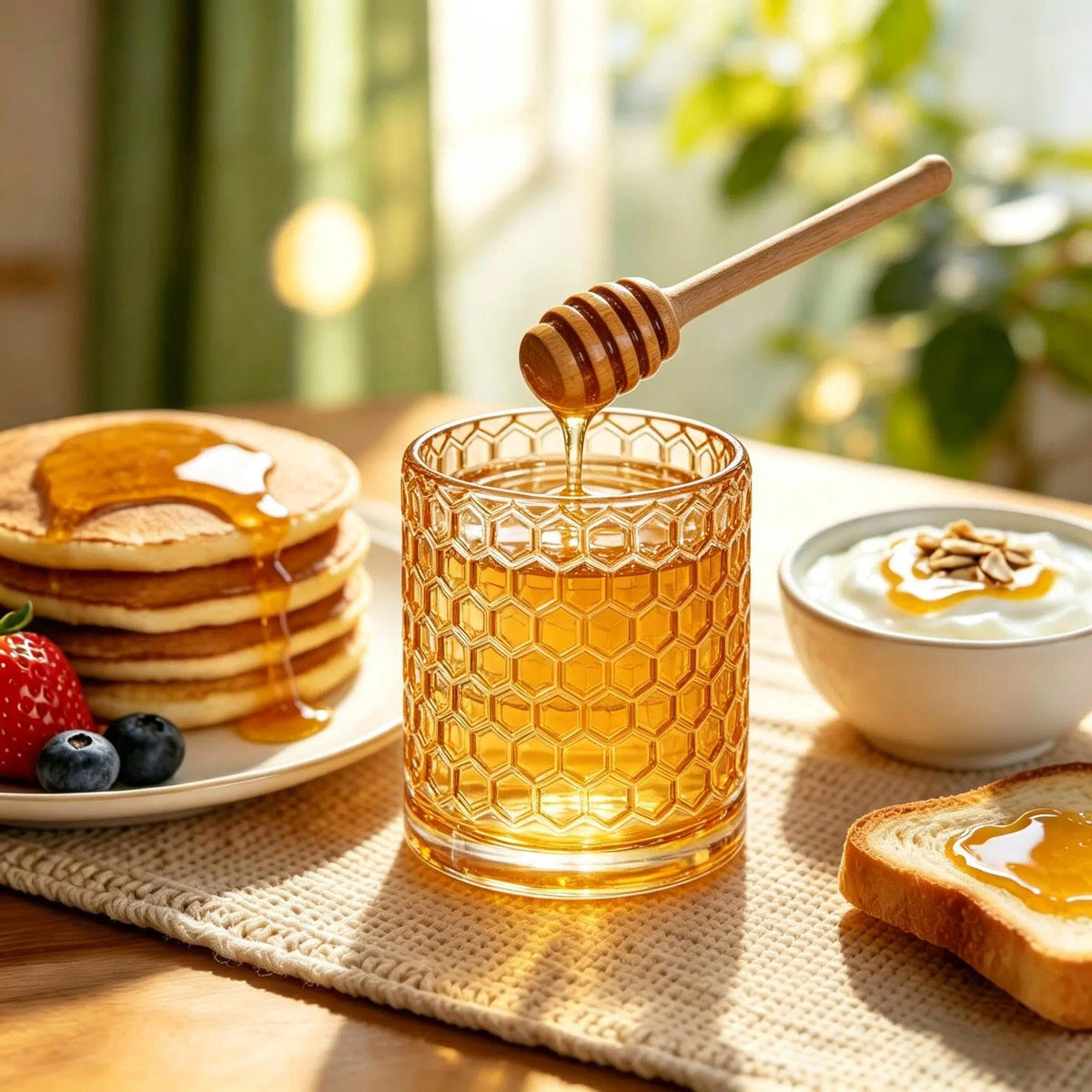 QFkris Crystal Honey Pot with Dipper, Champagne, 1 Piece