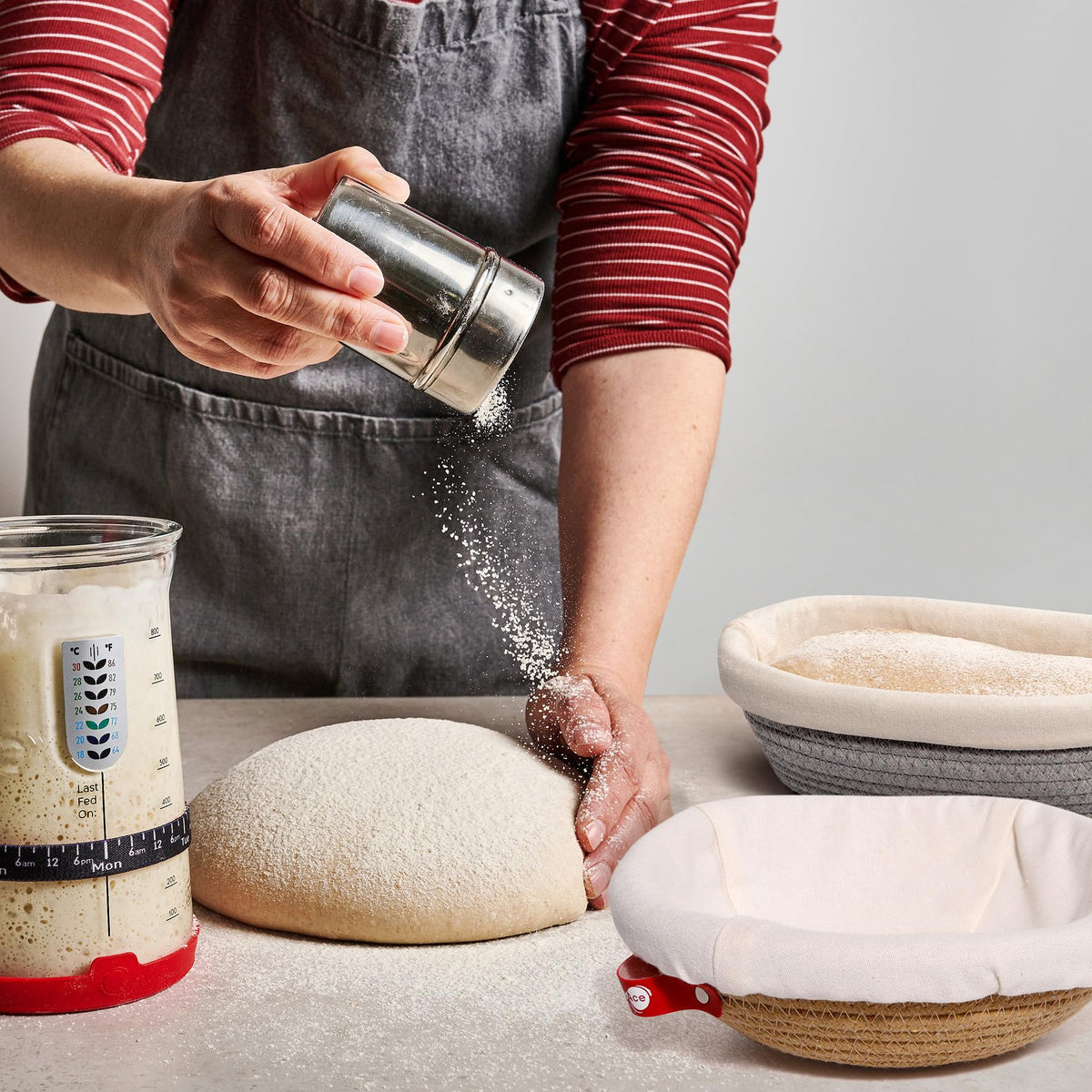 KneadAce Cotton Rope Bread Proofing Basket Set, Oval and Round with Liners and Covers, Grey and Beige