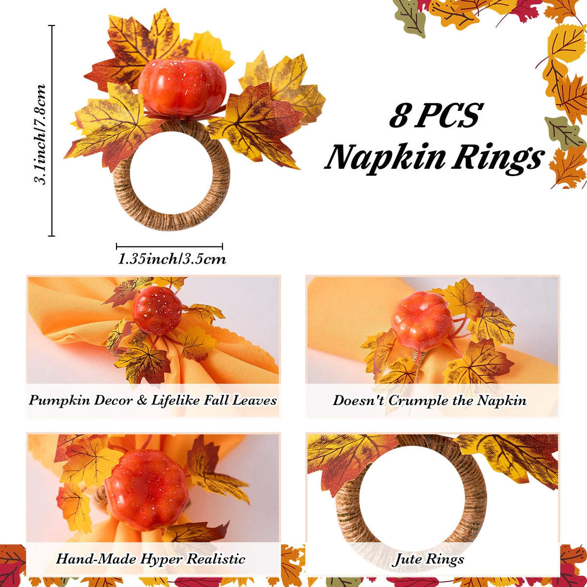 Worthyeah Napkin Rings and Cloths, Set of 16, Pumpkin Maple Leaf Design