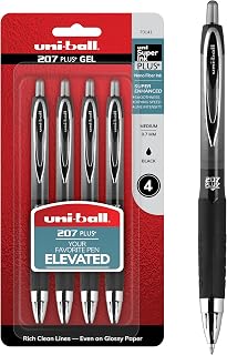 Uni-Ball Signo 207+ Gel Pens 4 Pack, 0.7mm Medium Black, Smooth Writing Gel Ink Pens