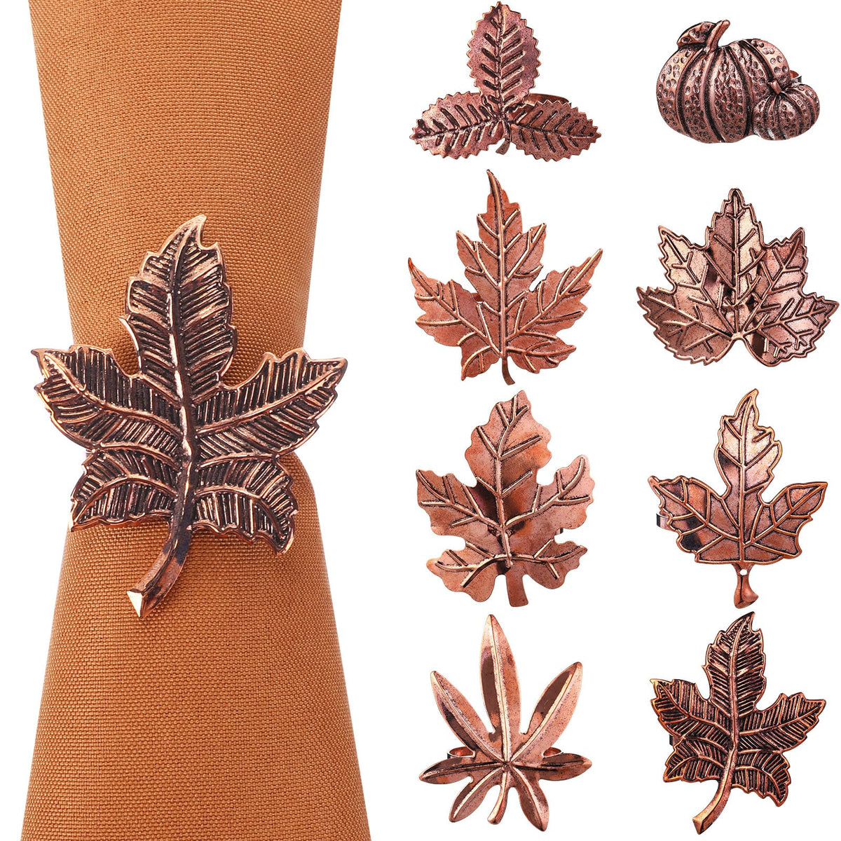 Remerry Napkin Rings, 8 Pack Leaf and Pumpkin, Bronze