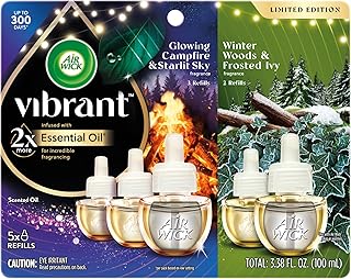 Air Wick Vibrant Plug-In Scented Oil Refills, 5 Count, Glowing Campfire & Winter Woods, Air Freshener, Essential Oils