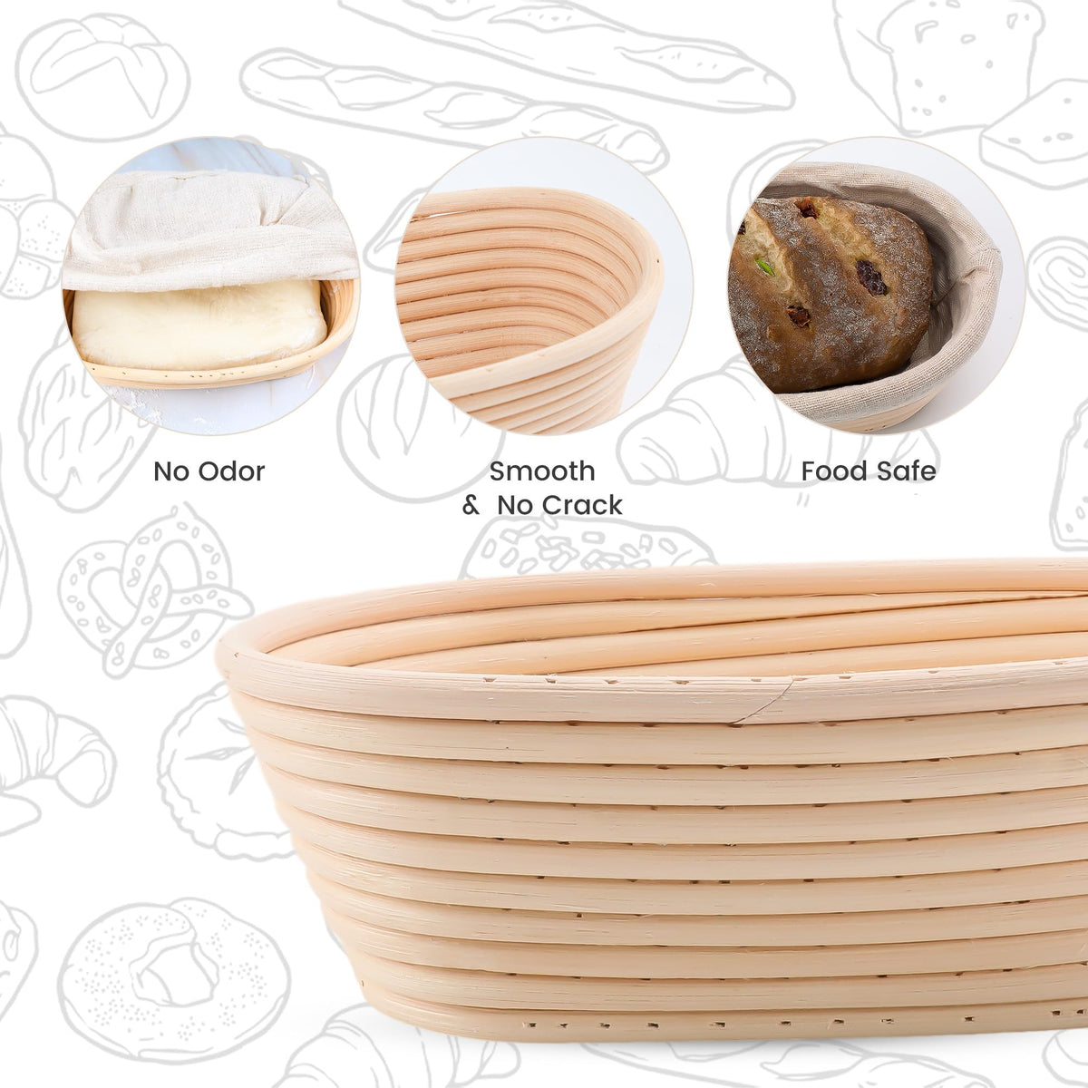 Doyolla Bread Proofing Basket Set, 10 Inch Oval, Set of 2 with Liners