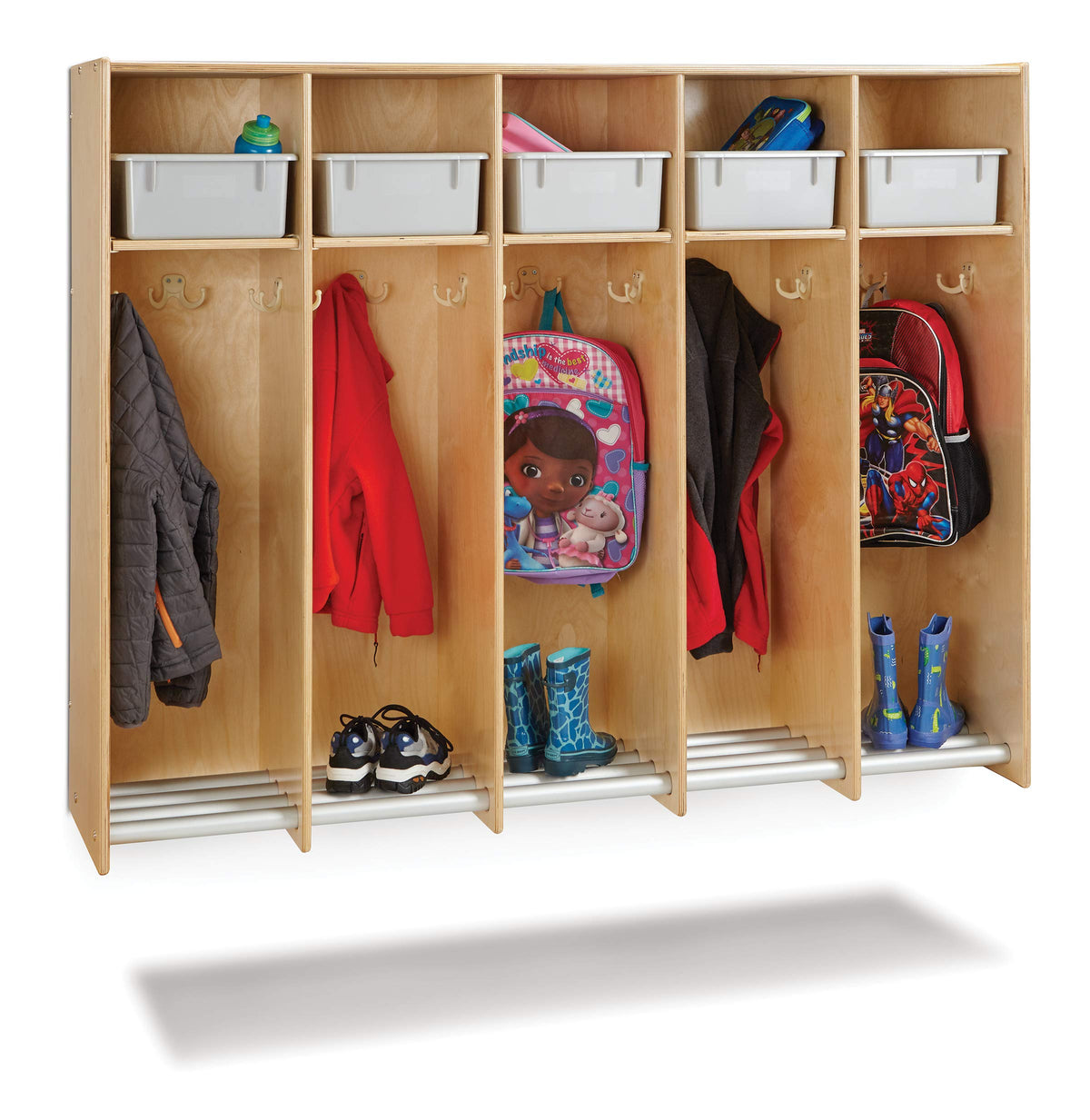 5 Section Hanging Locker Without Bins by Jonti-Craft – 60.5" x 48" x 15", Aluminum, Natural Wood, Model 9137JC