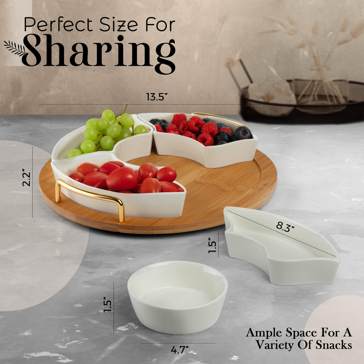 Oui Raquel Chip and Dip Serving Set, Rotating Lazy Susan, 5 Ceramic Bowls with Lids, White