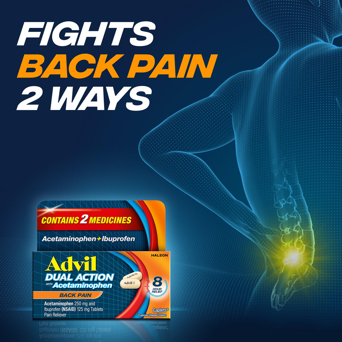 Advil Dual Action Back Pain by HALEON – 18 Count (Pack of 1)