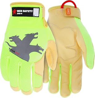 MCR Safety 964XXL TaskFit Goatskin Leather Mechanic Glove, High-Visibility Lime Nylon/Spandex Work Glove, XX-Large