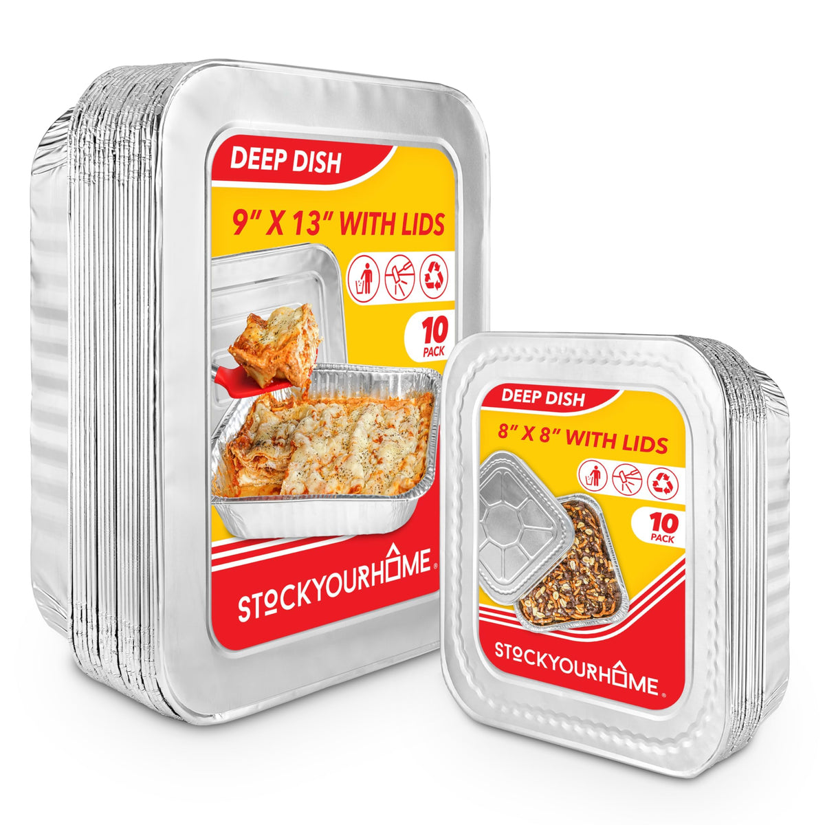 Disposable Foil Pans with Lids (Set of 20) Heavy Duty Aluminum Pans with Lids 9x13 (x10) by Stock Your Home – 1 Count Pack of 10, 0.0 liters, Aluminum, Silver, Pack of 10