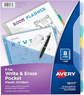 Avery Write & Erase Pocket Plastic Dividers, 8-Tab, Multicolor, 1 Set