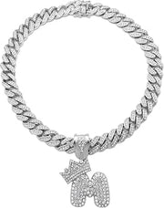 CBC Crown Mens Hip Hop Silver King Crown Alphabet Initial Bubble Letter Pendant 18"/20" Box Lock Miami Cuban Chain Necklace