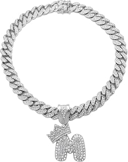 CBC Crown Mens Hip Hop Silver King Crown Alphabet Initial Bubble Letter Pendant 18"/20" Box Lock Miami Cuban Chain Necklace