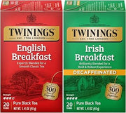 Twinings Tea Variety 2-Pack – English Breakfast, Caffeinated + Irish Breakfast, Decaffeinated, Black Tea Bags, Individually Wrapped, 20 Count Each