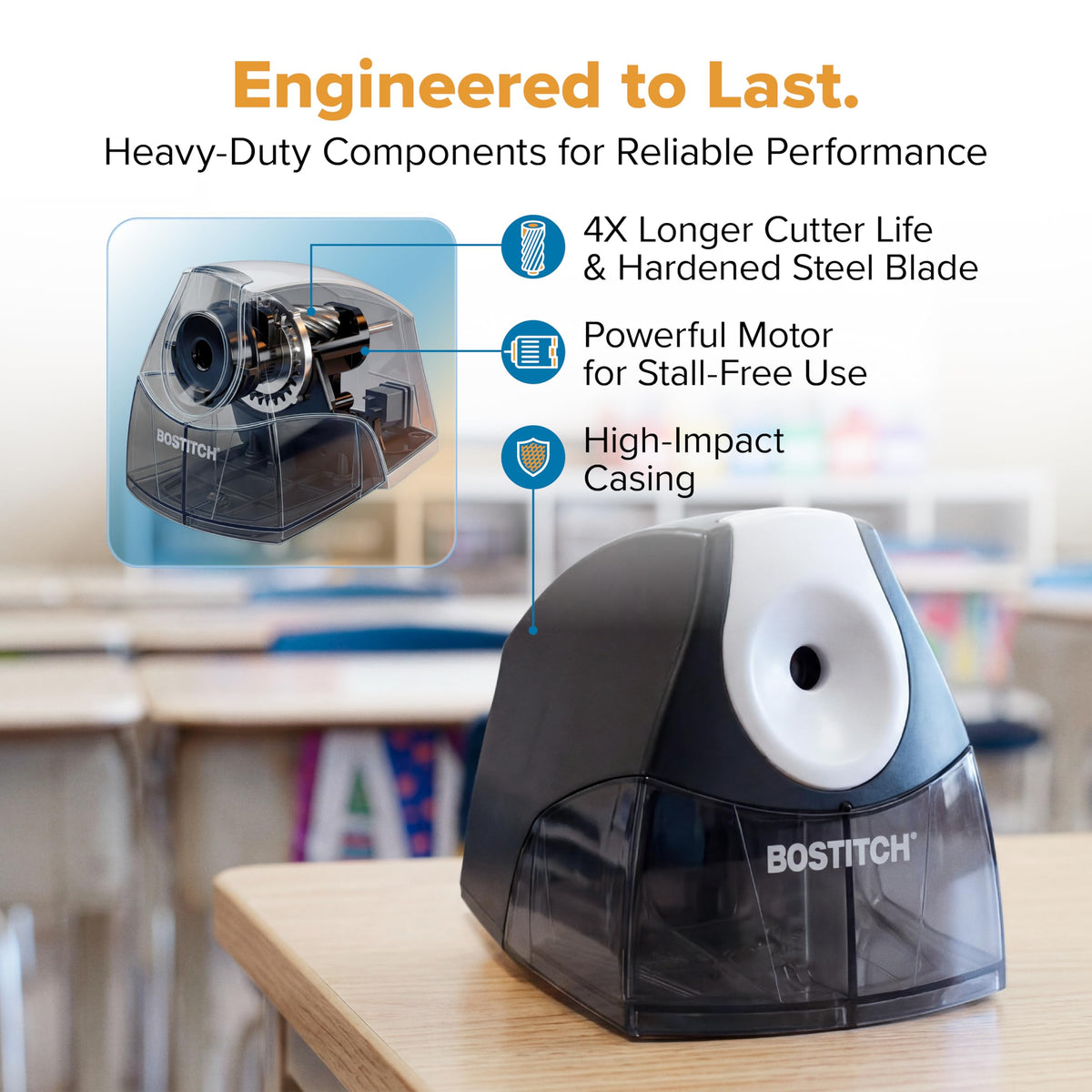 Office Electric Pencil Sharpener by Bostitch – 1 Count (Pack of 1), Plastic, Black, Model EPS4-BLACK