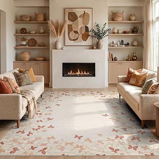 9'x12' Washable Area Rug Neutral Tossed Cute Boho Beige Playroom Nursey Nirsery Lambskin Low Profile Flatwoven for Great Room, Indoor Open Concept, Large Living Room