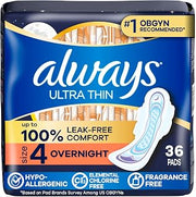 Always Ultra Thin Feminine Pads with Wings for Women, Size 4, Overnight Absorbency, Unscented, Up to 100% Leak-Free Comfort, 36 Count