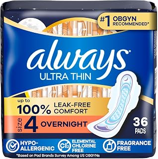 Always Ultra Thin Feminine Pads with Wings for Women, Size 4, Overnight Absorbency, Unscented, Up to 100% Leak-Free Comfort, 36 Count