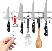 Modern Innovations (16 Inch Stainless Steel Metal Magnetic Knife Holder, Wall Mount Double Bar with 8 Hooks - Multipurpose Knife Magnetic Strip, Utensil Hanger, and Kitchen Storage Rack Magnet