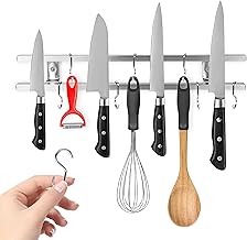 Modern Innovations (16 Inch Stainless Steel Metal Magnetic Knife Holder, Wall Mount Double Bar with 8 Hooks - Multipurpose Knife Magnetic Strip, Utensil Hanger, and Kitchen Storage Rack Magnet
