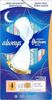 Always Infinity with FlexFoam Pads, Size 4, Overnight Absorbency, with Wings, Unscented, Up to zero leaks, zero feel protection, 26 Count