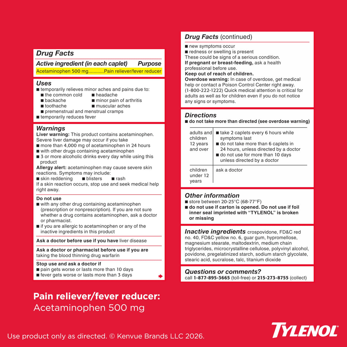 Extra Strength Easy to Swallow Acetaminophen Caplets by Tylenol – 200 Count, Red, Pack of 200, Model FBA614010