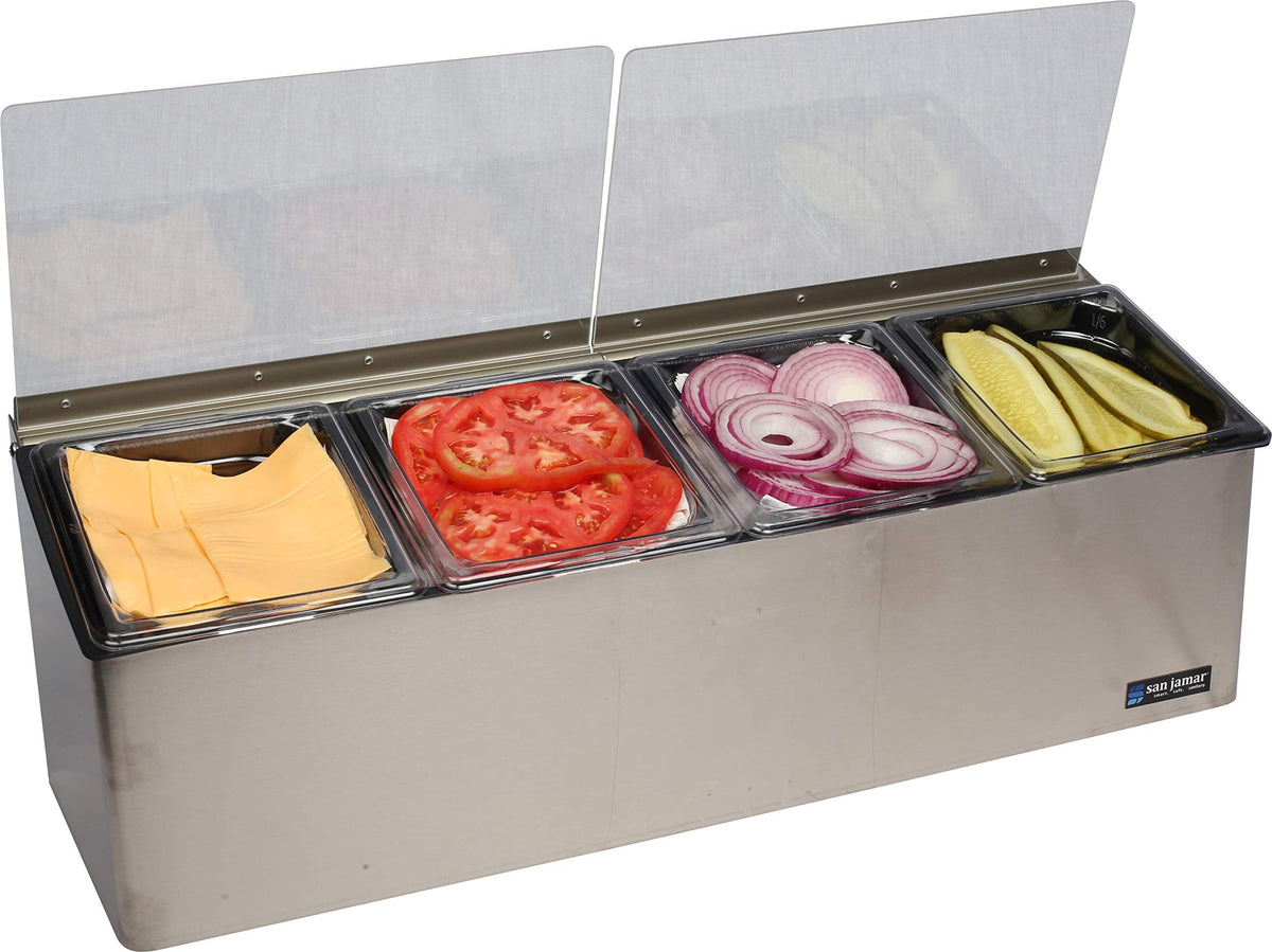 Ez-Chill Food Prep Center Self-Service with Hinged Lid for Bars by San Jamar – 4 Pans, 0.0 ounces, Stainless Steel, Stainless, Model FP8244FL