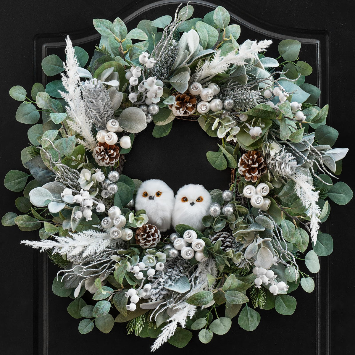 PureCosy Christmas Wreath, 24 Inch Artificial with Owl Pine Cones and Greenery, Owl Wreaths