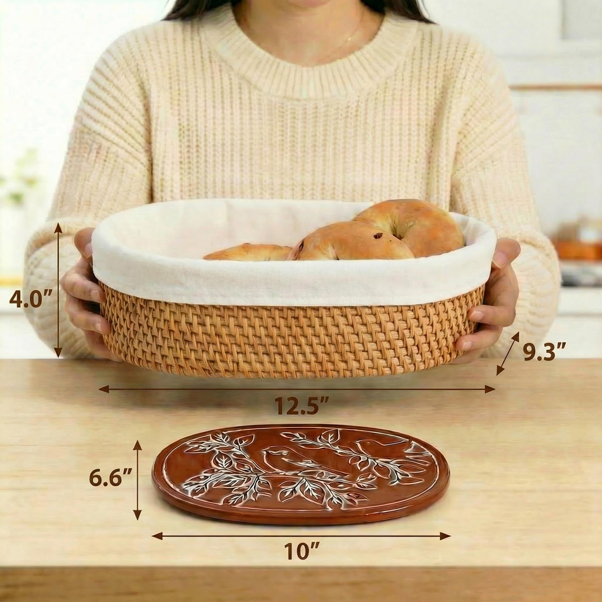 YANGQIHOME Rattan Bread Basket with Warming Stone, 9 x 12.6 x 3.9 Inches, Natural