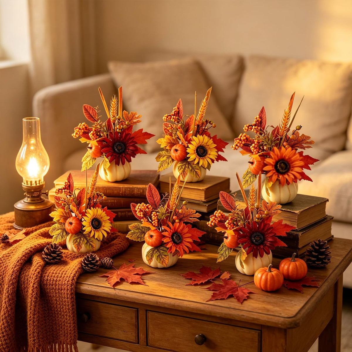 YLOLUL Mini Pumpkin Centerpiece, Artificial Sunflower Arrangement, Pumpkin-2