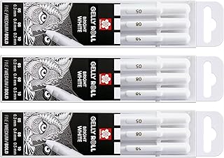 Sakura Gelly Roll White gel pens White assorted sizes, 05 Fine / 08 Medium / 10 Bold - 9 pen bundle