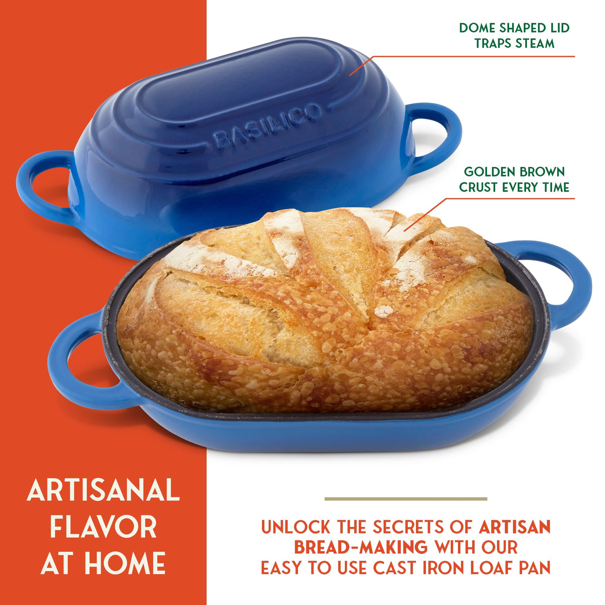 Enameled Cast Iron Bread Oven 2 Qt (Blue) by Basilico – 12 inches x 6 inches x 6 inches, 900.0 grams, Cast Iron, Blue, Model 1000