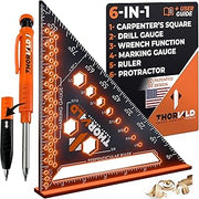 THORVALD 6-in-1 Carpenter Square 7 inch (1/16" Precision) T Square Multi-Purpose Carpenter Tools : Wrench, Square, Protractor, Ruler, Marking Gauge, Drill Gauge, Includes 2-in-1 Carpentry Pencil