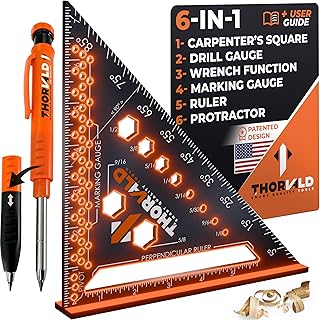 THORVALD 6-in-1 Carpenter Square 7 inch (1/16" Precision) T Square Multi-Purpose Carpenter Tools : Wrench, Square, Protractor, Ruler, Marking Gauge, Drill Gauge, Includes 2-in-1 Carpentry Pencil